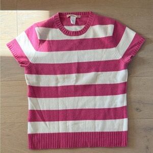 J. Crew Pink and White Striped Short-Sleeve Crewneck Sweater